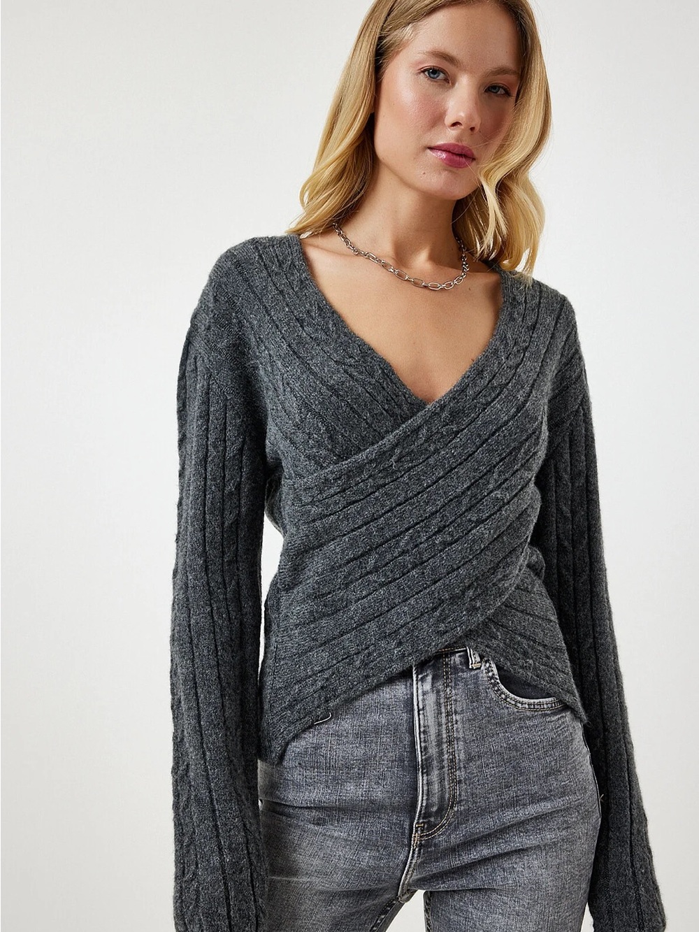 Charcoal Wrap-Front V-Neck Sweater